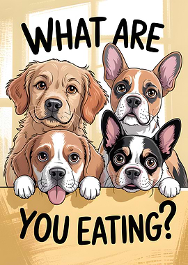 What Are You Eating? – Four Playful Dogs Begging at the Table