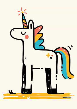 Cartoon Unicorn with Rainbow Mane and Tail