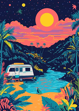 Tropical RV Getaway Retro Jungle Colors Minimalist Art Illustration