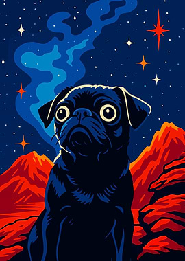 Cute Cosmic Pug in Space Martian Terrain Funny Minimalist Art Illustration