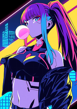 Cyberpunk Girl Blowing Bubblegum