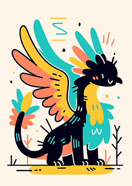 Stylized Dragon Illustration with Colorful Wings
