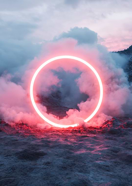 Neon Ring in Cloudy Landscape