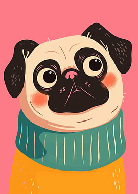 Adorable Cute Funny Pug Dog Character in Sweater Minimalist Pastel Animal Art Illustration