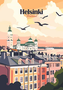 Helsinki Finland Travel Poster Illustration