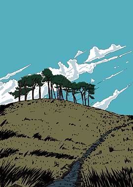 Hilltop Trees and Stream Illustration