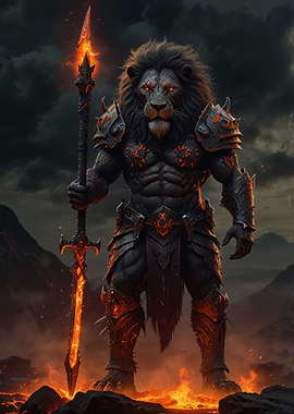 Armored Lion Warrior with Flaming Spear