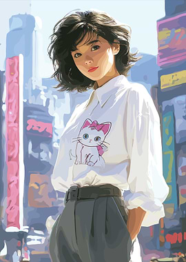 Girl with Cat Shirt in Cityscape
