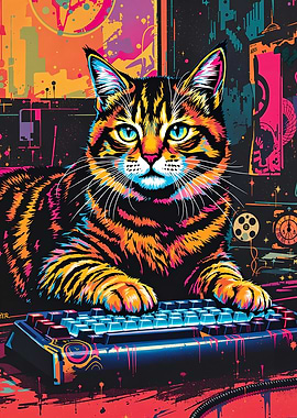 Retro Neon Hacker Cat – Feline Master of the Keyboard