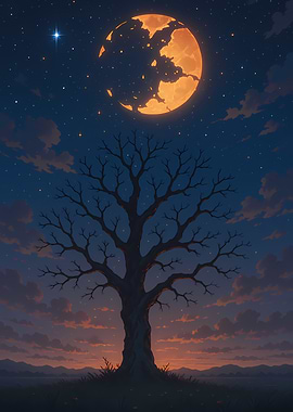 Bare Tree Under a Glowing Moon