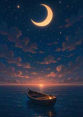 Boat Floating Under a Crescent Moon