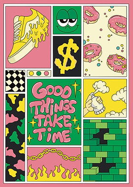 Cartoon Collage with Shoe, Text, and Symbols