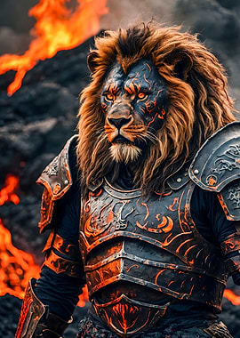 Armored Lion Warrior in Fiery Landscape