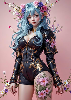 Anime Girl with Flowers and Leather