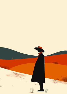 Silhouette in an Autumn Desert Landscape Minimalist Art Illustration