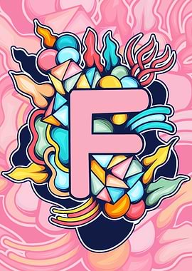 Letter F with Abstract Colorful Shapes