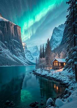 Winter Cabin Under Aurora Borealis
