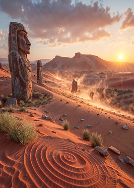 Moai Statues in Desert Landscape