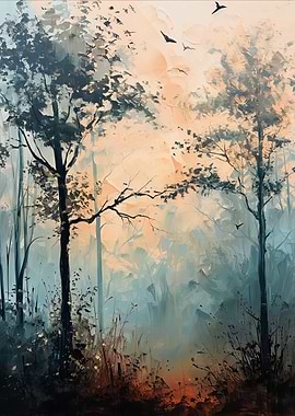 Misty Forest Painting with Birds