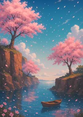 Cherry Blossom River Landscape with Boat