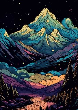 Colorful Mountain Landscape Digital Art