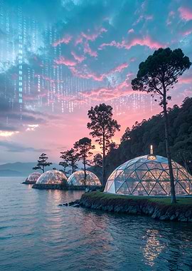 Futuristic Domes on Lake at Sunset