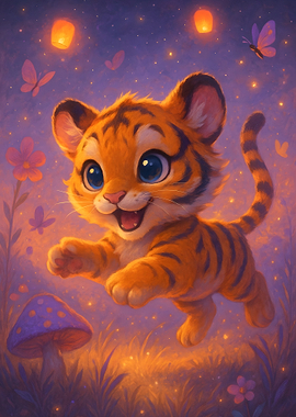 Cute Tiger Cub in Dreamy Landscape