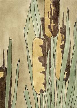 Watercolor Cattails and Reeds Illustration