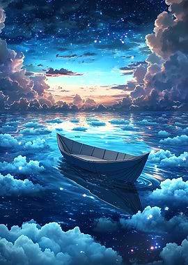 Boat Floating on a Sea of Clouds Beneath a Starry Sky
