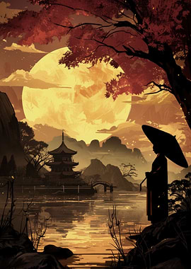 Japanese Landscape with Figure and Pagoda