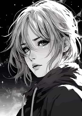 Anime Girl Portrait in Black and White