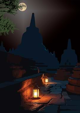 Nighttime Temple Lanterns