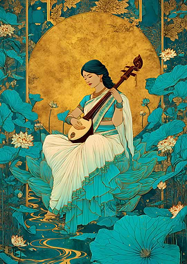 Saraswati playing Veena in Lotus Pond