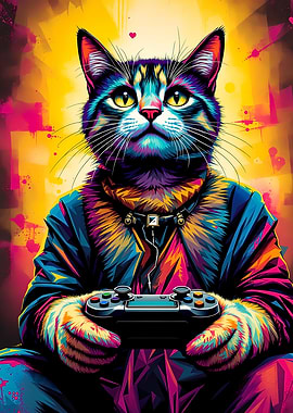 Gamer Cat Vibes – Neon Feline with Controller and Attitude