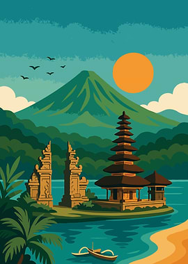 Balinese Temple Landscape Pixel Art