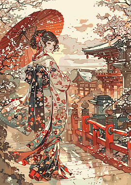 Japanese Woman in Kimono with Umbrella