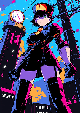 Anime Girl in Uniform with Clocktower