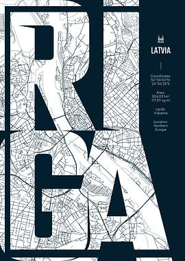 Riga, Latvia Map Typography Poster