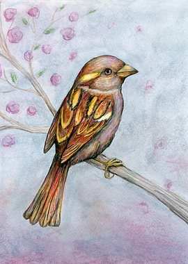 Sparrow on Branch with Floral Background