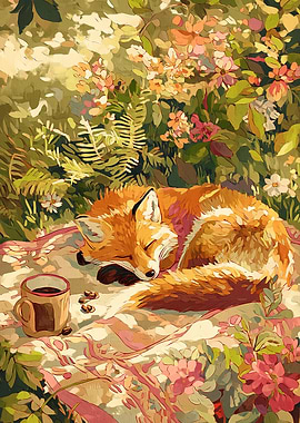 Sleeping Fox with Coffee in Nature