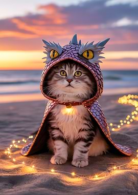 Cat with Dragon Cloak at Sunset Beach