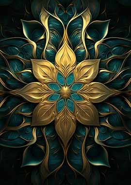 Golden Teal Floral Mandala Abstract