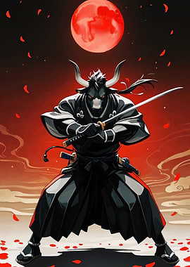 Samurai Bull with Sword and Moon