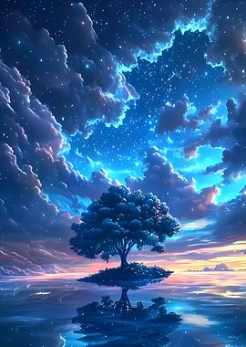Lone Tree Under Starry Night Sky