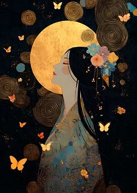 Asian Woman with Moon and Butterflies