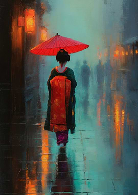 Geisha in Rainy Japanese Street
