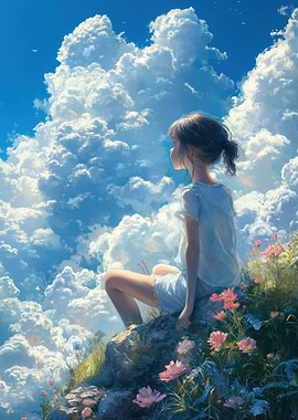 Girl gazing at clouds on hill