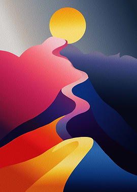 Abstract Mountain Landscape with Sun