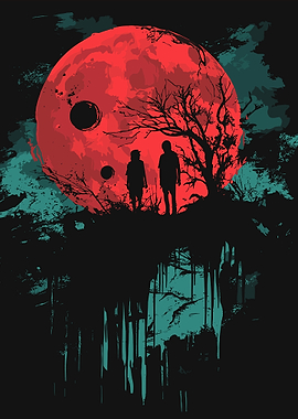 Silhouette Figures Under a Red Moon