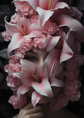 Floral Portrait with Pink Lilies and Roses